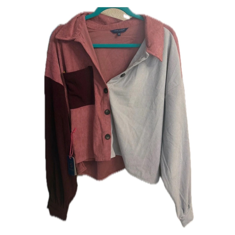 Simply Southern Shirt Womens XXL Pink Colorblock NWT Corduroy Button Down Crop